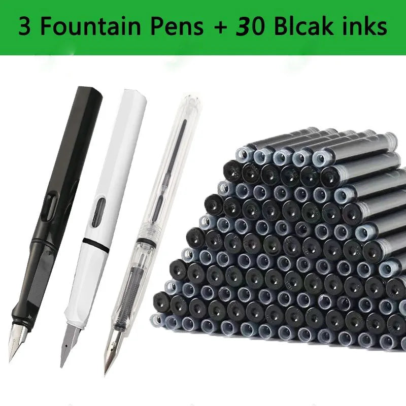 33PCS Kawaii Fountain Pen & Ink Set - Black Blue Red EF 0.38mm Replaceable Ink Pens for School Office Writing Supplies