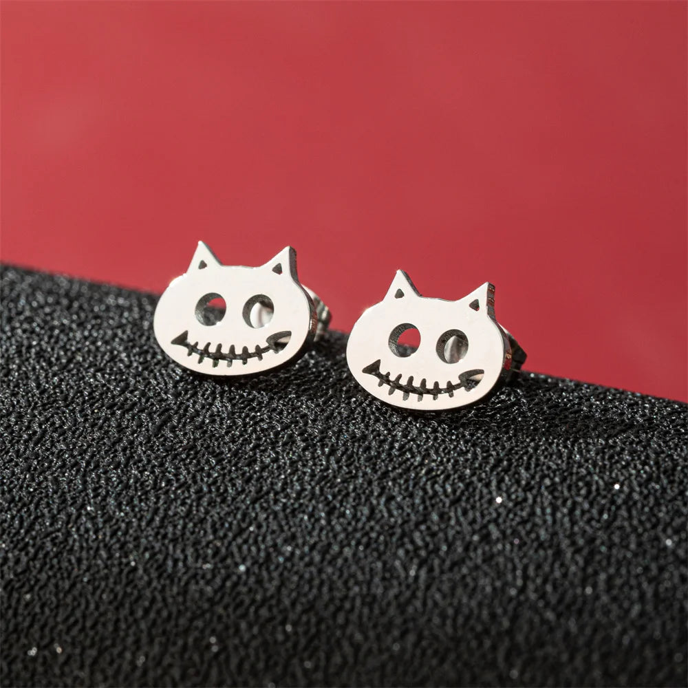 Jisensp Cartoon Cat Earrings — Cute Stainless Steel Kitten Studs for Women & Girls, Funny Animal Jewelry