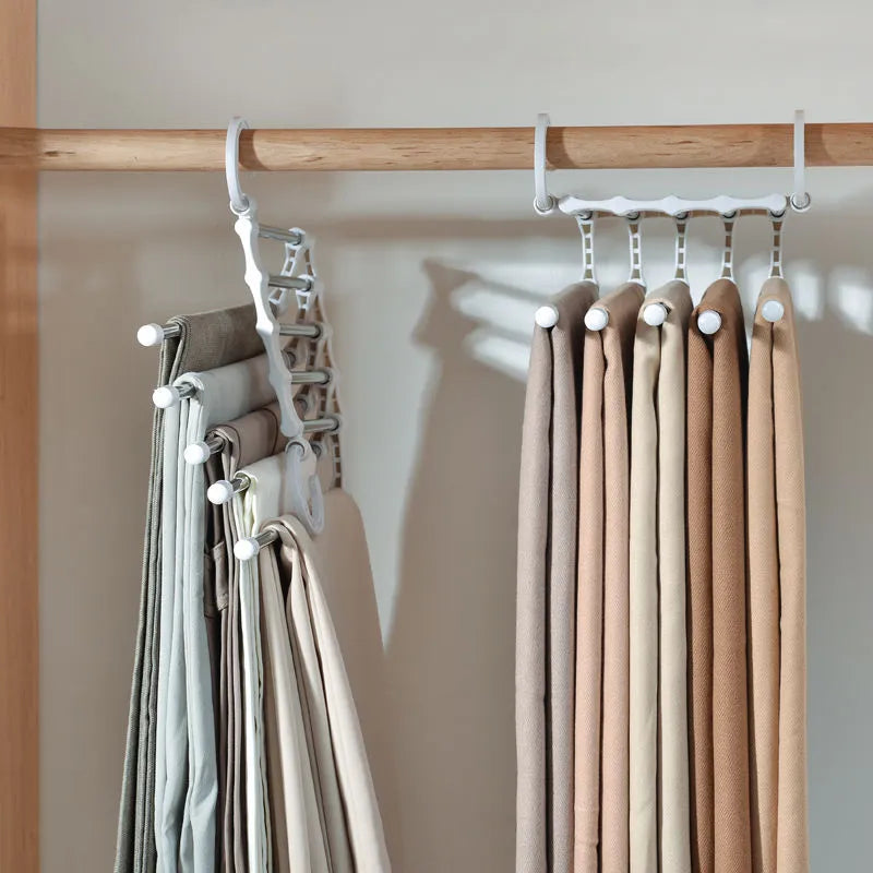 5-In-1 Magic Trouser Rack Hangers - Stainless Steel Folding Pant Rack, Tie Hanger, Shelves - Bedroom Closet Organizer, Wardrobe Storage