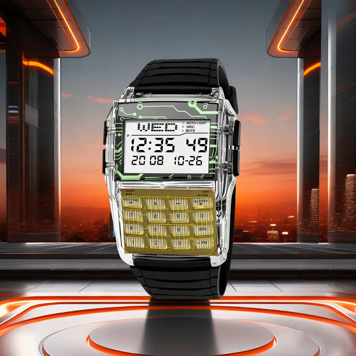 Transparent Plastic Calculator Watch - Men’s Multifunction Luminous LED Digital Computer-Style Wristwatch