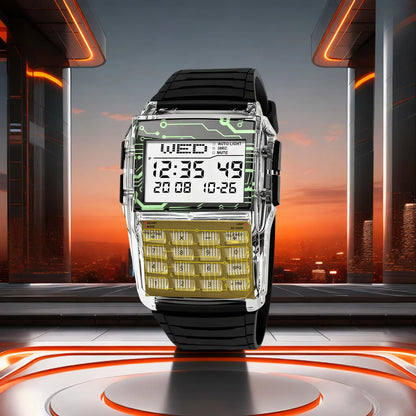 Transparent Plastic Calculator Watch - Men’s Multifunction Luminous LED Digital Computer-Style Wristwatch