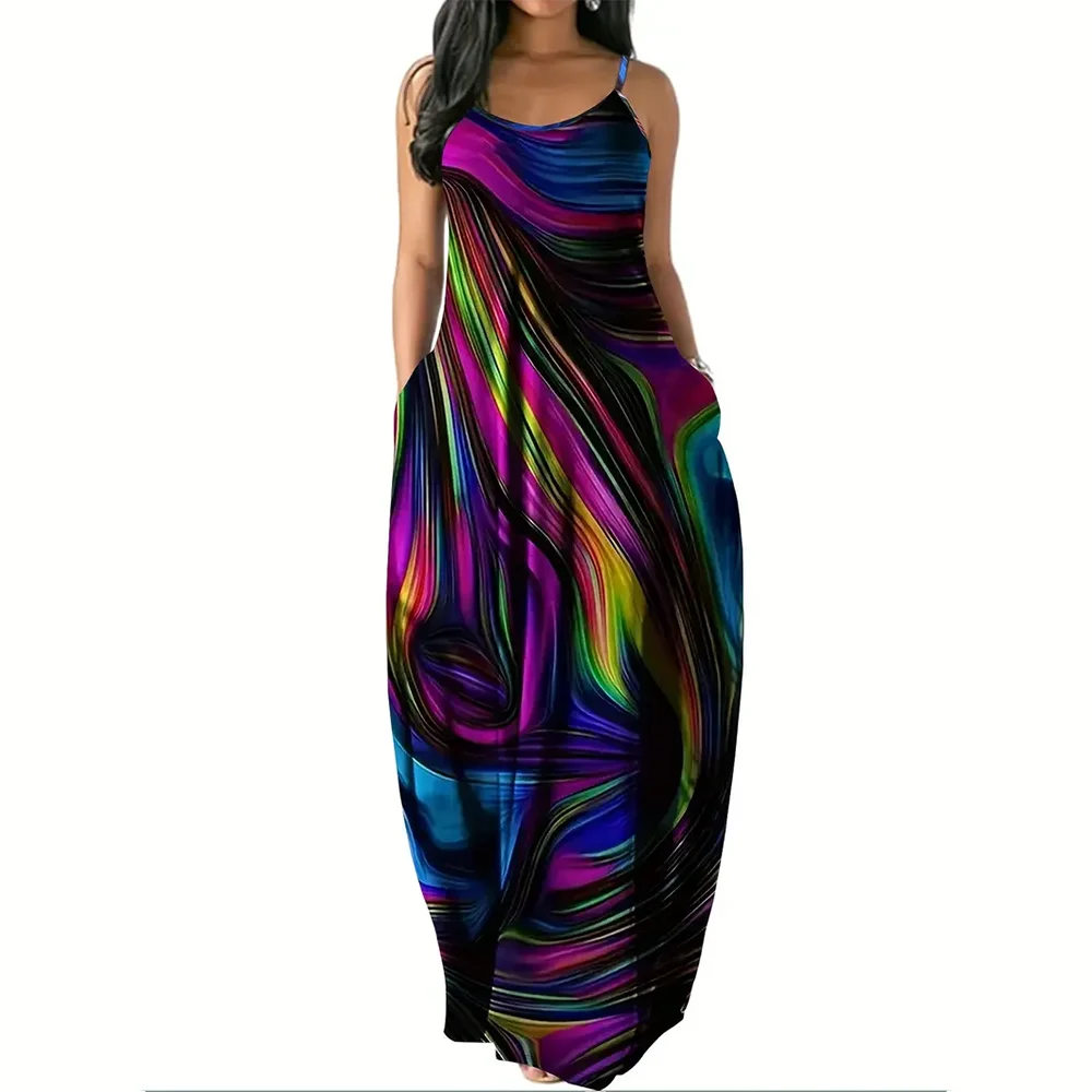 Women’s Summer 3D Butterfly Print Dress – Black & White Sleeveless Spaghetti Strap Loose Long Vest Dress, Plus Size Vintage Style