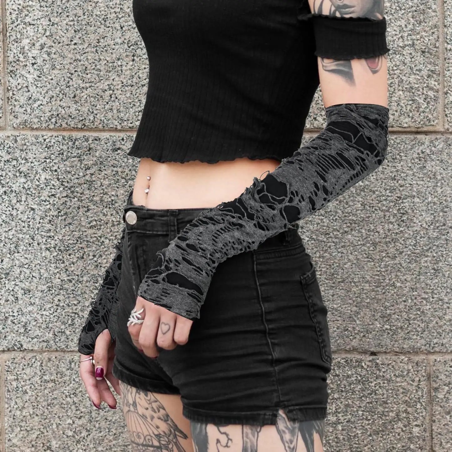 Gothic Fingerless Ripped Gloves - Black Slit Halloween Cosplay Gloves for Adults