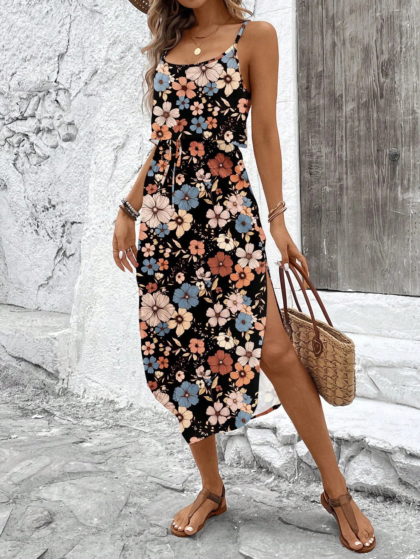 Women’s Summer Spaghetti Strap Dress - Sleeveless Flowy Casual Maxi Dress with Belt & Side Slit