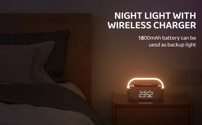 Portable Bluetooth Speaker with Wireless Charging — FM Radio, Alarm Clock, Music Sound Box, Night Light & Charger Lamp