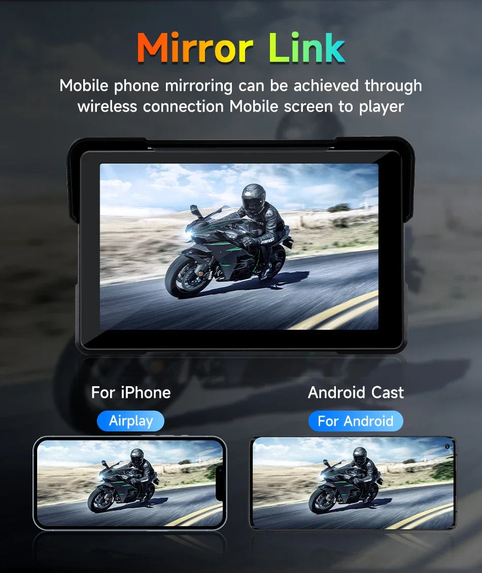 5/7 Inch Motorcycle CarPlay DVR Navigation GPS Monitor – Wireless Android Auto, Airplay, IPX7 Waterproof Portable Display