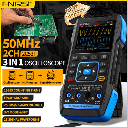FNIRSI 2C23T / 2C53T 50MHz Handheld 3-in-1 Digital Oscilloscope Multimeter Signal Generator Dual Channel Automotive Diagnostic Tool