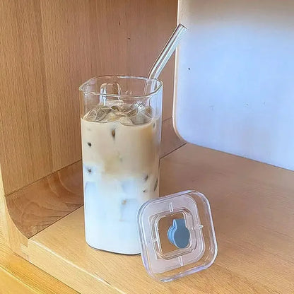 Square Heat-Resistant Coffee Glass Cup with Lid and Straw - Transparent Milk Tea, Juice, and Coffee Mug for Home Bar Drinkware