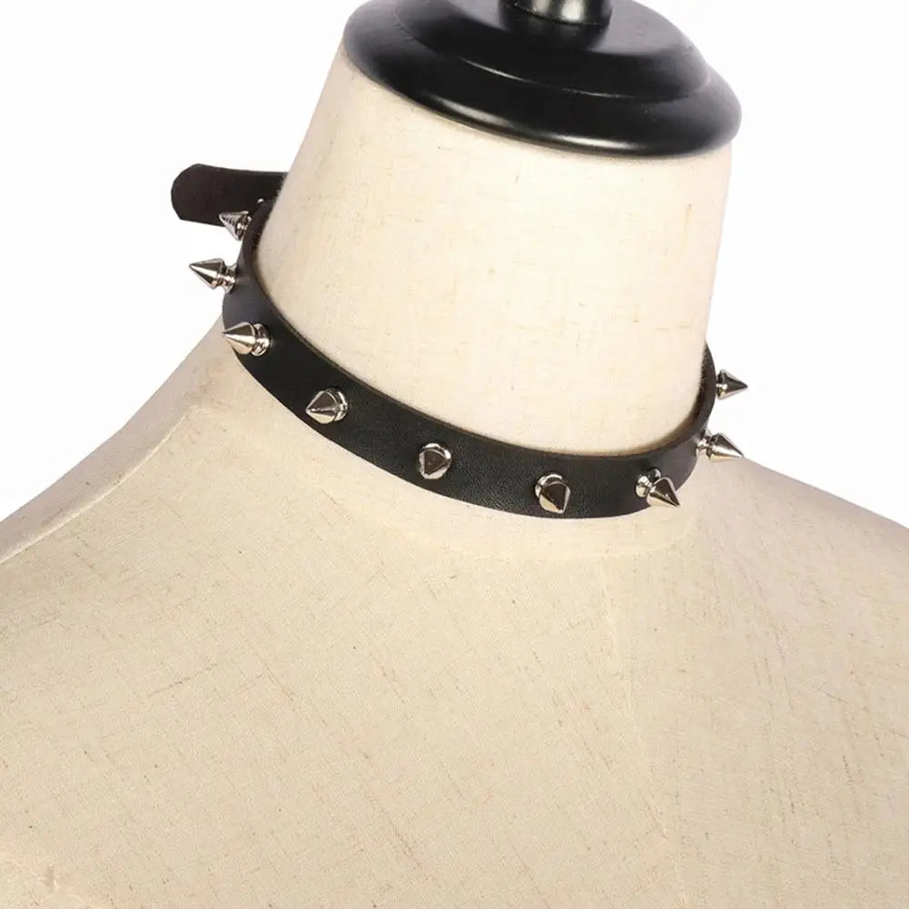 Black PU Leather Spike Choker Necklace – Studded Punk Gothic Biker Collar for Women & Men