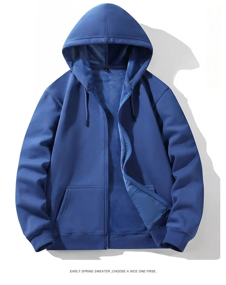 Zipper Hooded Sweatshirt – Autumn Winter Fleece-Lined Cotton Cardigan for Men & Women, Solid Color Y2K Style