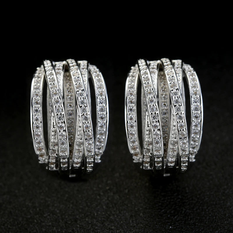 Huitan Silver Cross Hoop Earrings – Full Crystal Cubic Zirconia Statement Jewelry for Women
