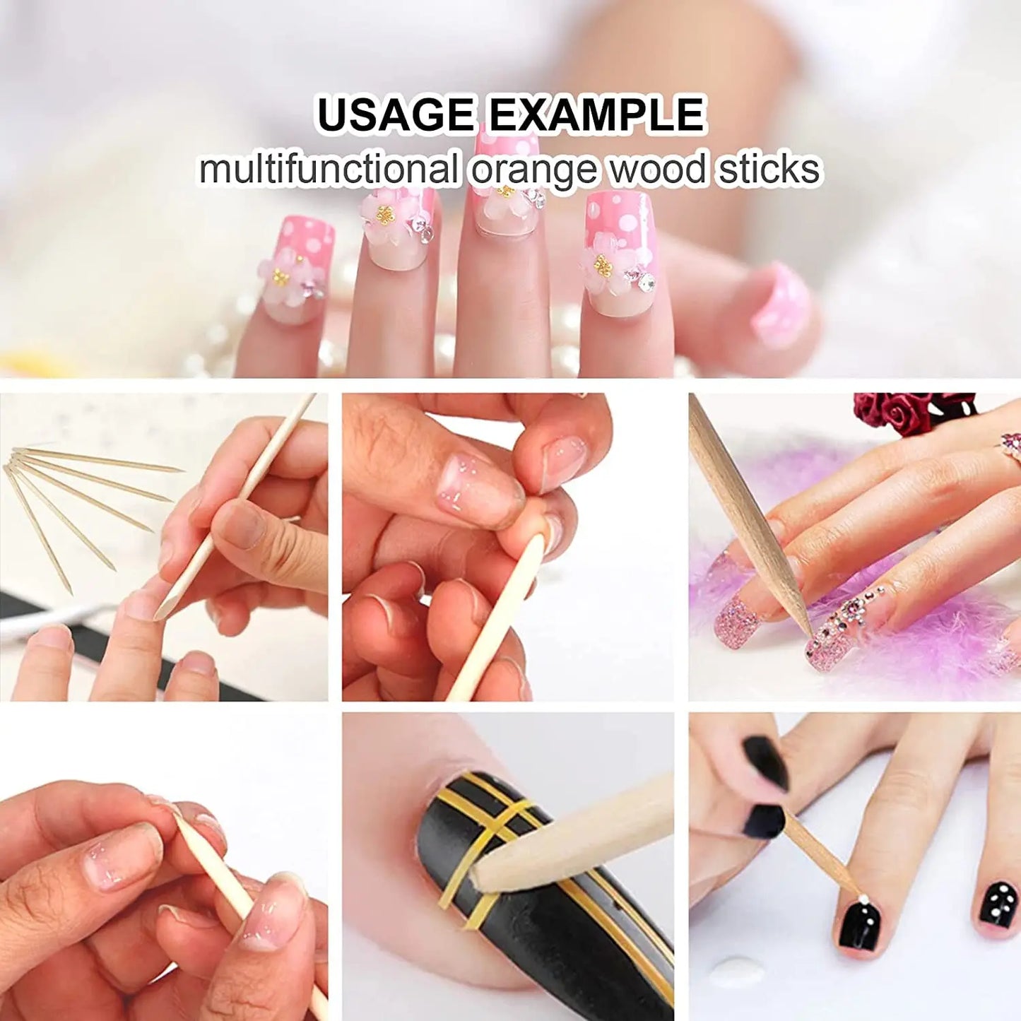 100/50PCS Orange Wood Nail Art Sticks - Cuticle Pusher, Rhinestone Remover & Manicure Pedicure Care Tools