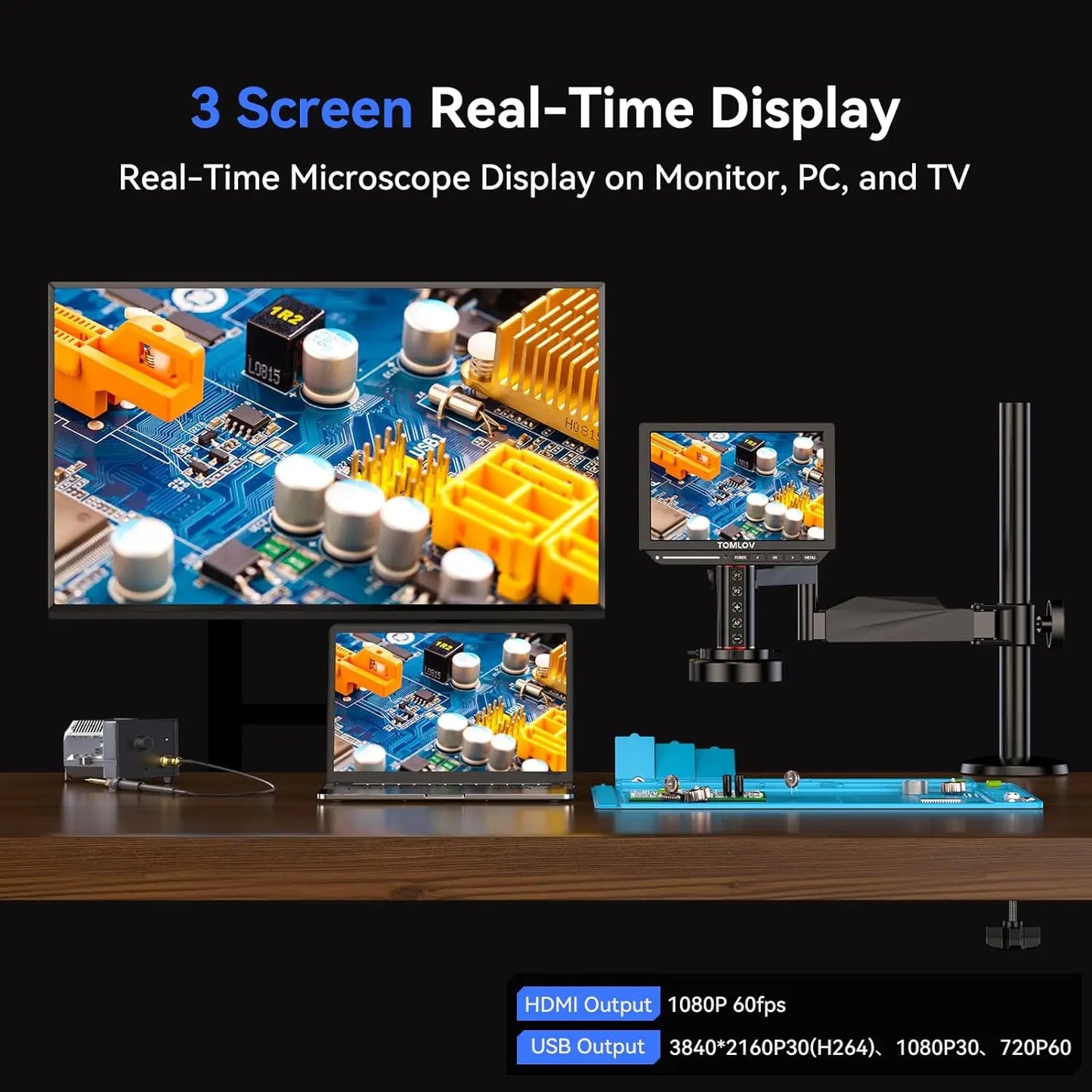 TOMLOV TM4K-AF 4K Digital Microscope – 2000X Autofocus HDMI Microscope with 8" Display & Flex Arm for Electronics & Phone Repair