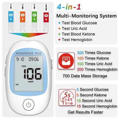 4-in-1 Multifunction Blood Monitor – Hemoglobin, Glucose, Ketone, Uric Acid Test for Diabetes, Anemia, Gout