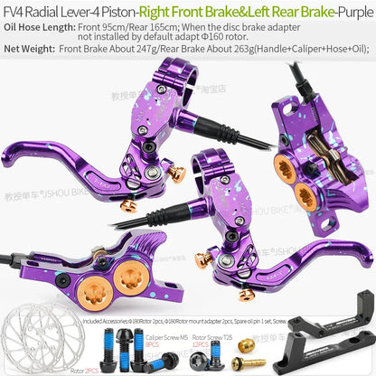 Frog Wake FV4 Mountain Bike Hydraulic Disc Brake Kit – 180mm Rotors, Aluminum 4-Piston Calipers & Levers for MTB