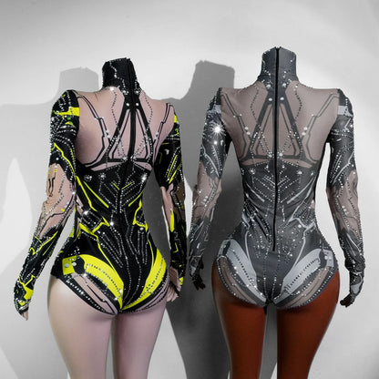 Sexy Sparkly Green Rhinestone Bodysuit – Stage Dance Costume for Party, Bar Show, Drag Queen, Cosplay & Halloween