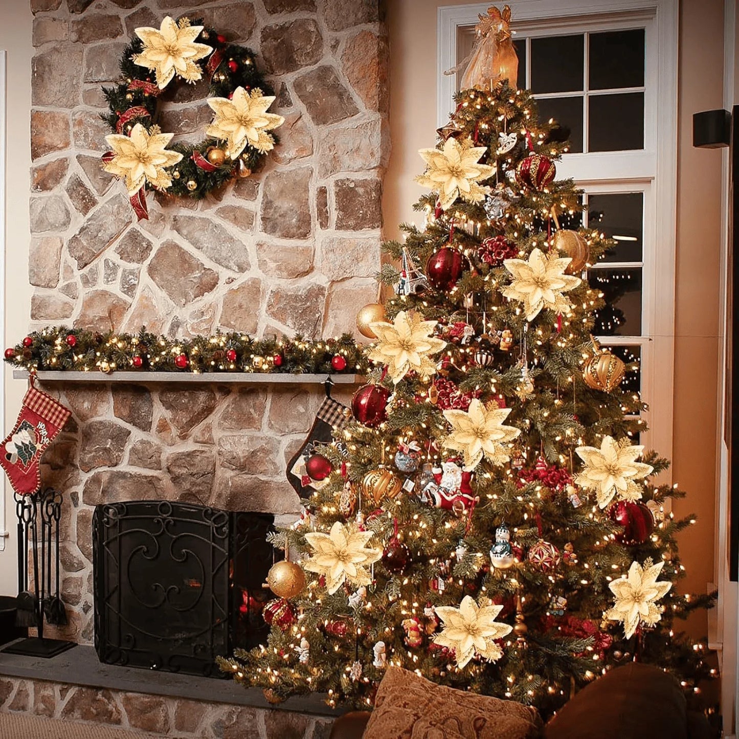 8/16PCS Glitter Artificial Christmas Flowers | Xmas Tree Decorations & Home Ornaments for 2025 New Year