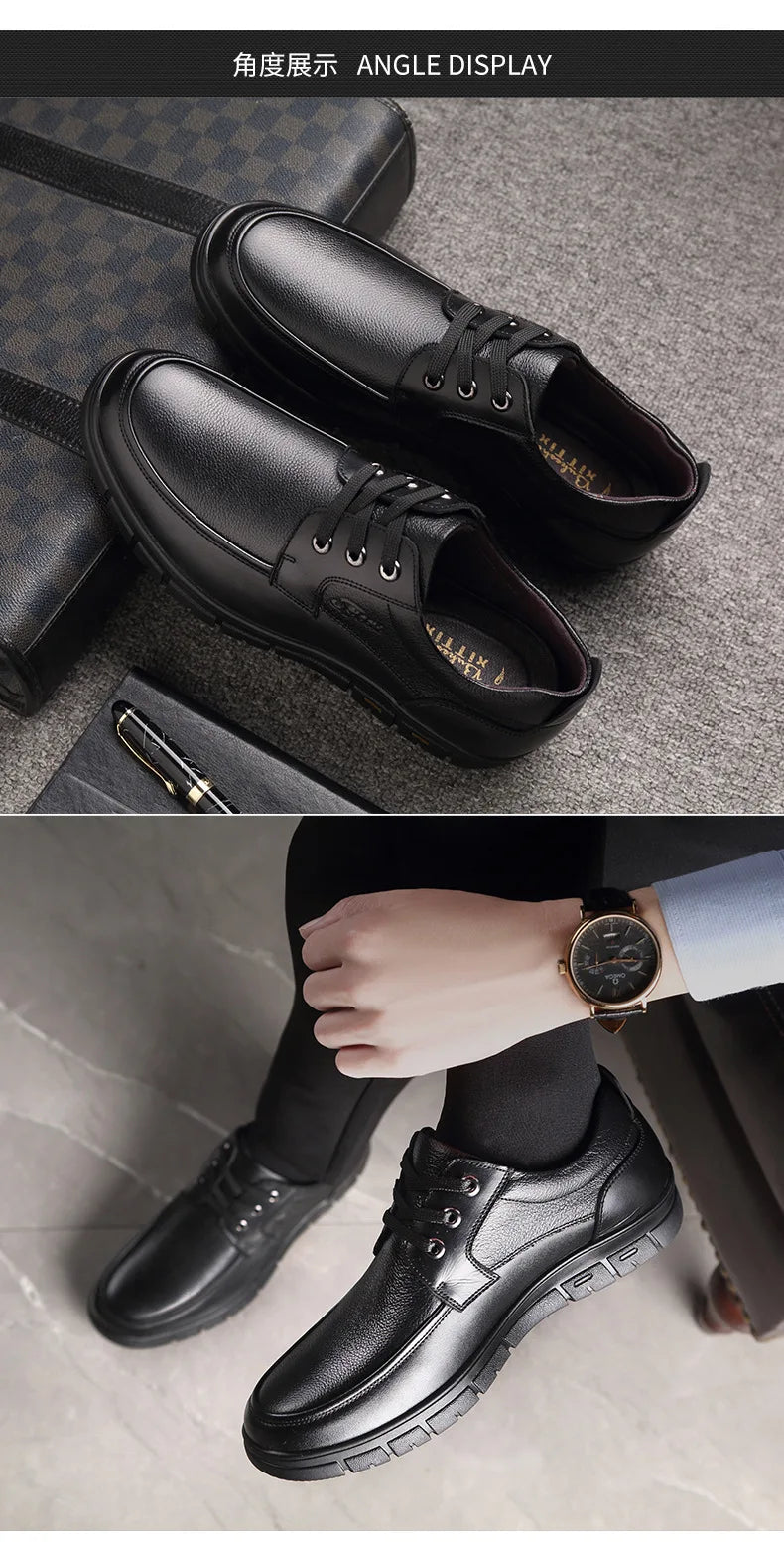 Men's Genuine Leather Casual Shoes - Soft Sole Lace-Up Loafers, Luxury Brand for Middle-Aged & Older Adults, Lightweight Dad Shoes
