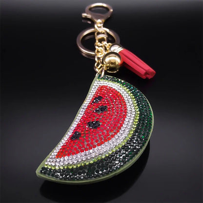Kawaii Watermelon Crystal Keychain – Gold Alloy Leather Fruit Keyring for Women & Men, Bag & Car Accessory