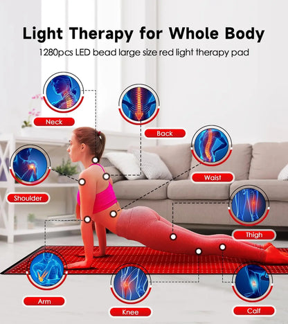 1280 LED Red Infrared Light Therapy Mat – 71"x31" Full Body Pad for Pain Relief, 660nm & 850nm Red Light Therapy Blanket