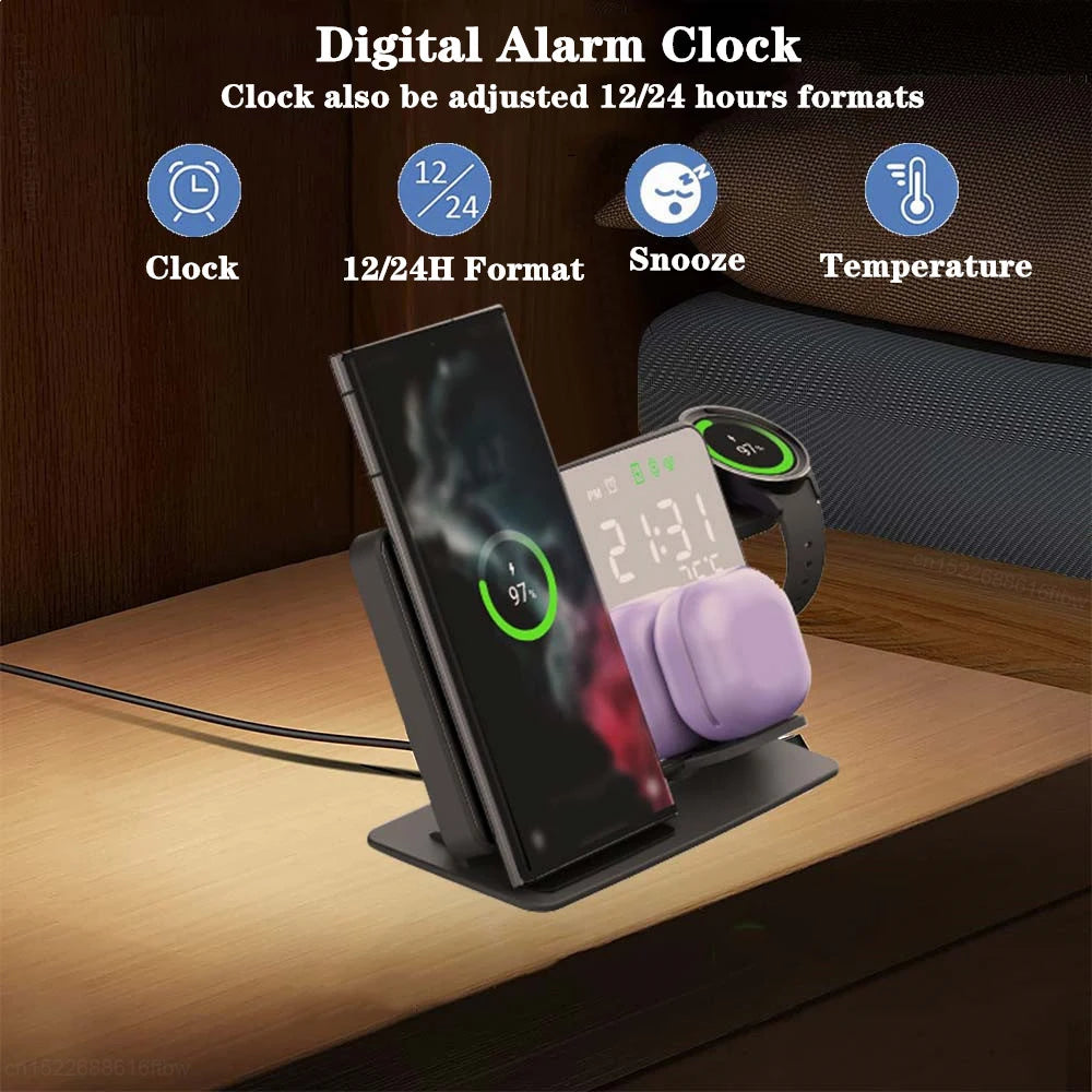 3-in-1 Wireless Charger: Fast Charging Station for Samsung Galaxy Watch 6/5 Pro, Galaxy S24/S23/S22 - Includes Alarm Clock Chargers Stand