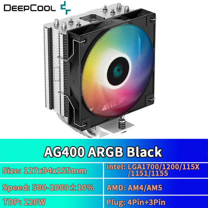 DEEPCOOL AG400 ARGB Air Cooler — 4 Heat Pipe CPU Cooler with PWM for Intel LGA1700/1200/115X & AMD AM4/AM5