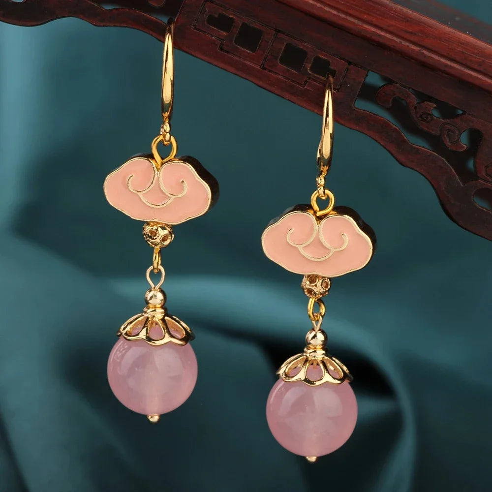Vintage Flower Drop Earrings - Natural Stone Ethnic Jewelry for Women