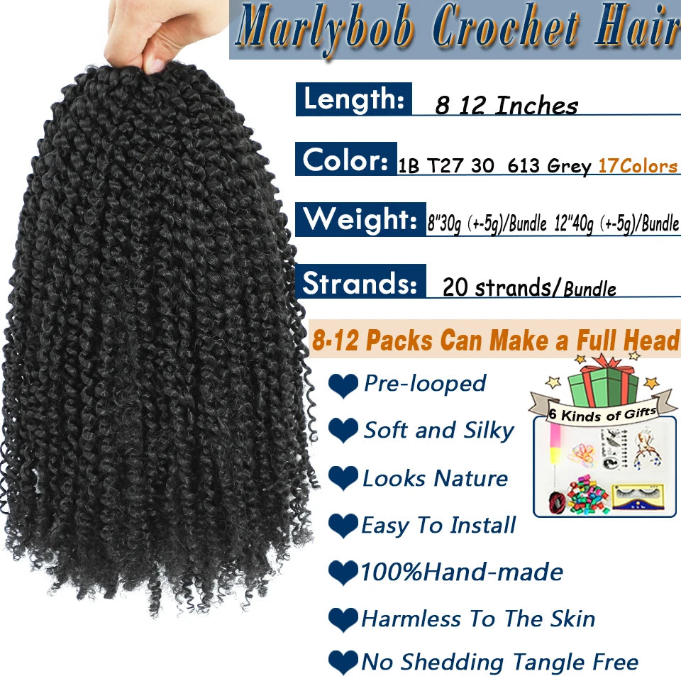 Kinky Curly Crochet Hair Extensions 8–12 Inch – Marlybob Jerry Curl Synthetic Afro Curly Hair, Short Passion Twist Braiding Crochet Hair for Women