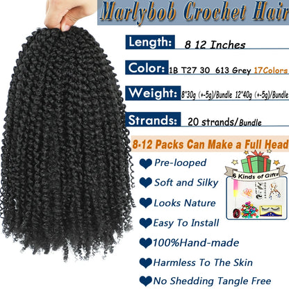 Kinky Curly Crochet Hair Extensions 8–12 Inch – Marlybob Jerry Curl Synthetic Afro Curly Hair, Short Passion Twist Braiding Crochet Hair for Women