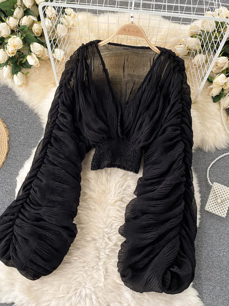 Women's Draped Chiffon Blouse - Elegant V-Neck Puff Sleeve Slim-Fit Party Top for Summer Fashion