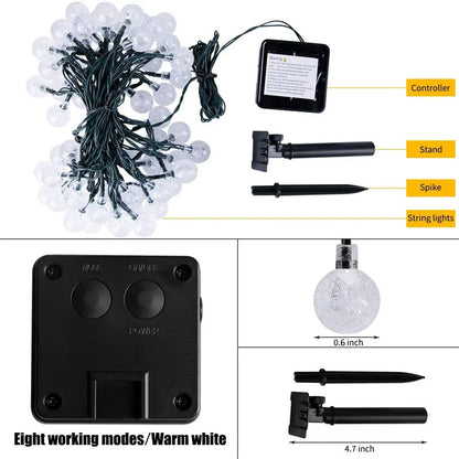 60 LED Solar String Lights - Waterproof Crystal Globe Garden Lights with 8 Modes for Patio, Party & Tree Decor