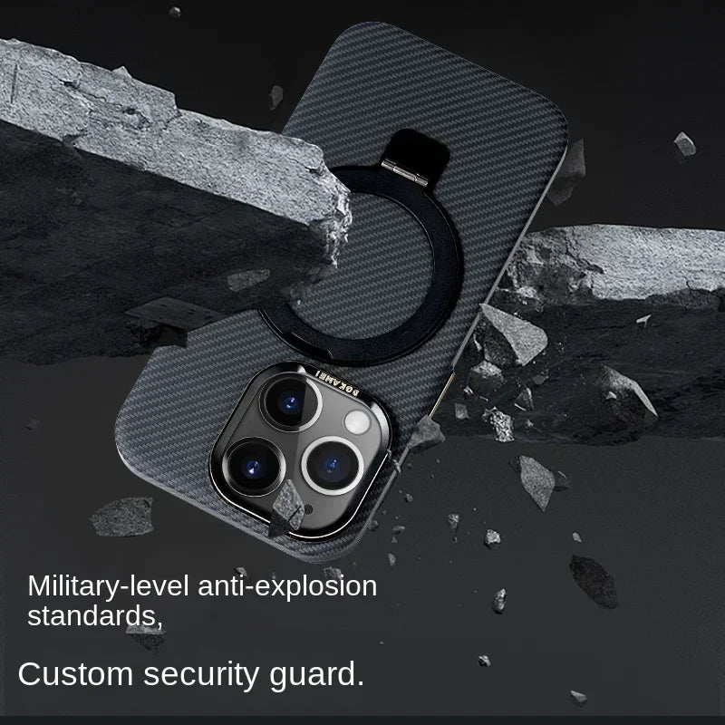 Luxury Carbon Fiber Magnetic Ring Holder - Drop-Proof Textured Case for iPhone 15, 14, 13 Pro Max, MagSafe Wireless