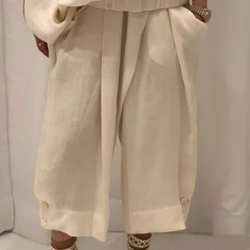 Women’s Fashion 2-Piece Set – Wide-Leg Buttoned Pants & Hollow Solid Color Loose Cold-Shoulder Blouse