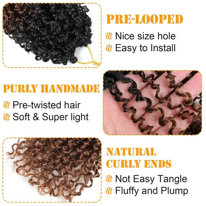 8" Yanky Twist Crochet Hair – Pre-Looped Ombre Brown Synthetic with Curly Ends, Yank Twist for Black Women