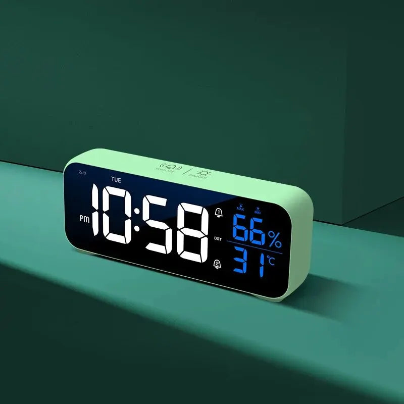 Music LED Digital Alarm Clock: Voice Control, Temperature Humidity Display - Desktop Home Table Decoration, Built-in 1200mAh Battery