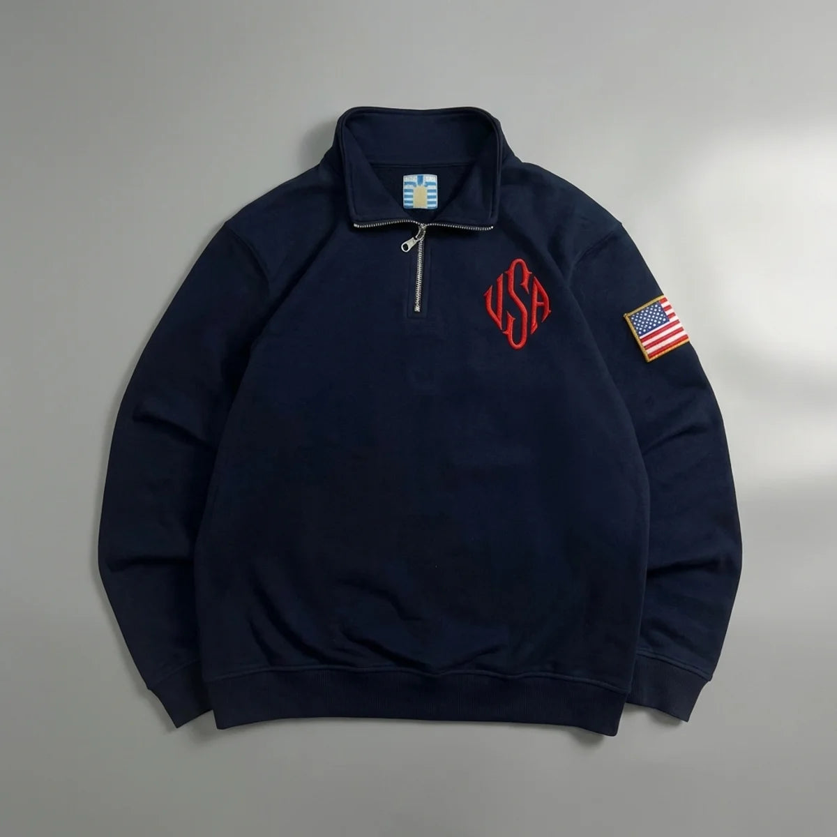 Men’s Y2K American Flag Embroidered Hoodie – Quarter Zip Streetwear Sweatshirt Navy Blue White Patch Sleeve Casual Pullover Sweater