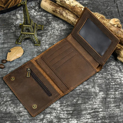 Men’s Genuine Leather Short Wallet with Chain – Trifold Zipper Clutch, Card Holder & Coin Purse