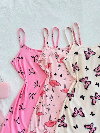 3-Piece Women's Camisole Nightgown Set – Cute Butterfly, Bow & Flamingo Print Sleepwear