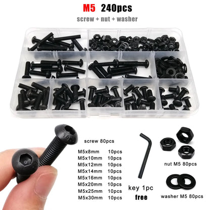 M1.6-M8 Black Grade 10.9 Steel Allen Hexagon Screw Bolt Nut Washer Kit – Round Head Set Box