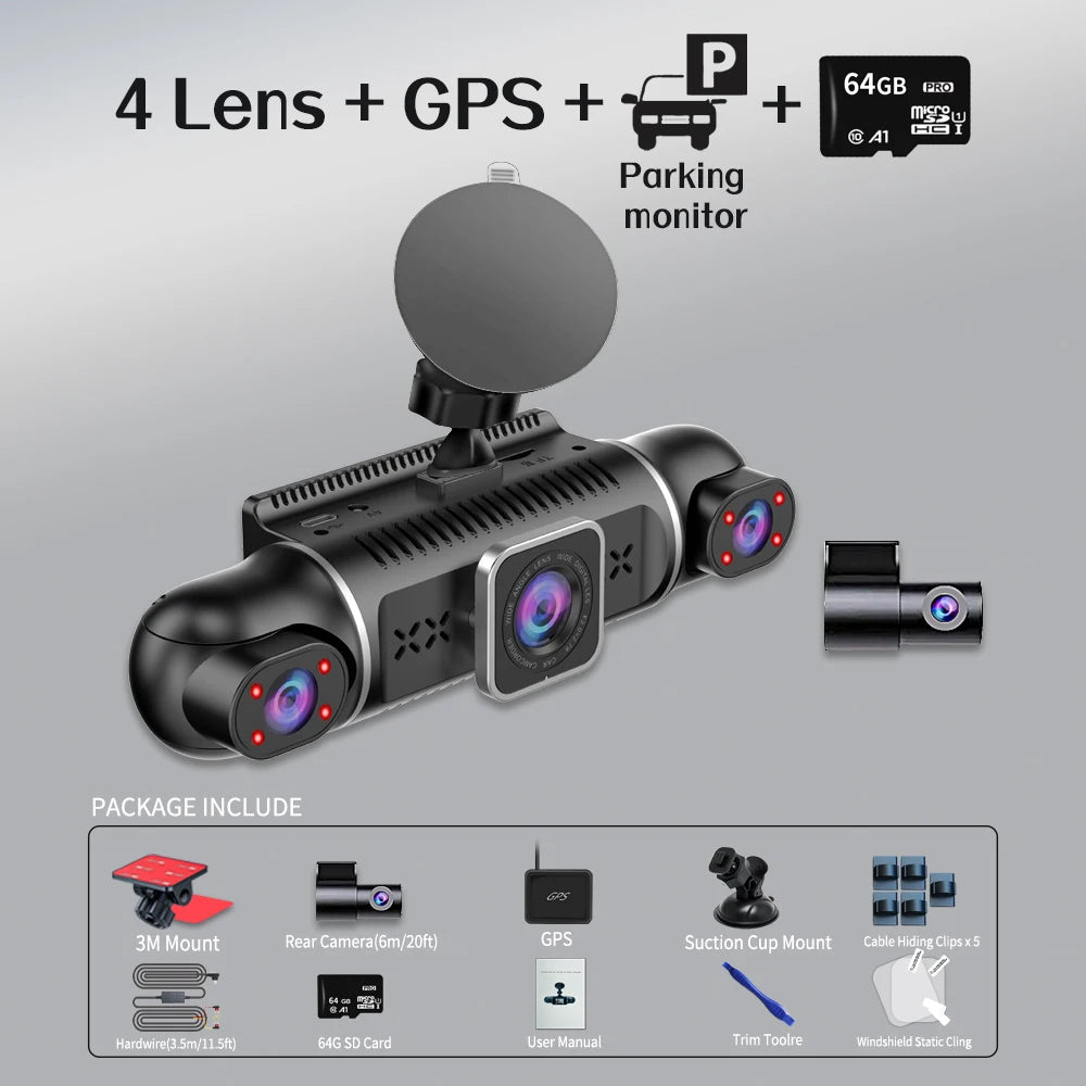 Free 64GB 360° Car DVR Dash Cam – WiFi, GPS, 24H Parking Monitor, 4 Lens HD 1080P Video Recorder with App Control