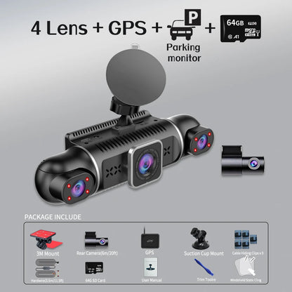 Free 64GB 360° Car DVR Dash Cam – WiFi, GPS, 24H Parking Monitor, 4 Lens HD 1080P Video Recorder with App Control