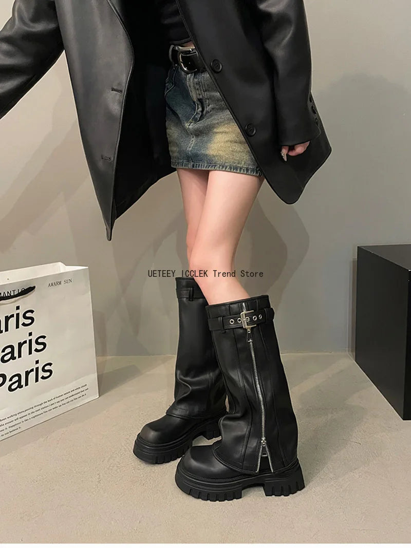 Winter Women's Biker Boots – Fashion Belt Buckle Knee-High Platform Booties