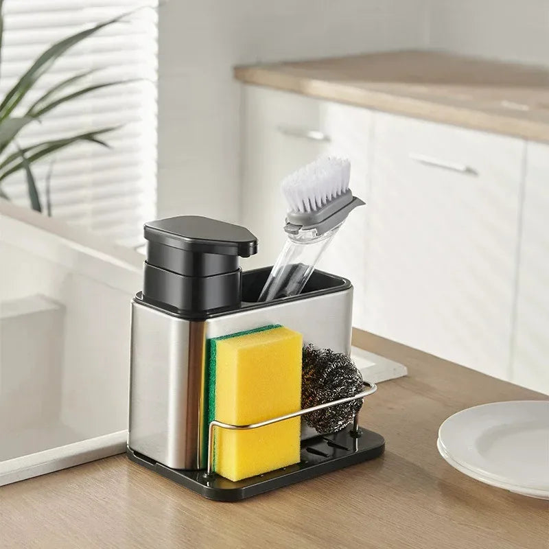 3-in-1 Kitchen Soap Dispenser and Cutlery Holder - Stainless Steel Utensil Organizer with Drainer and Dish Drying Rack