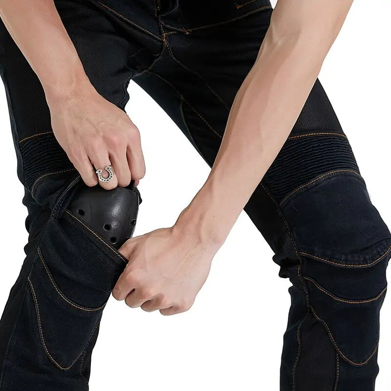 Men's Embroidery Motorcycle Jeans – Protective Gear with Belt, Motocross Pants for Driver License Test & Riding