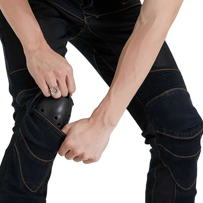Men's Embroidery Motorcycle Jeans – Protective Gear with Belt, Motocross Pants for Driver License Test & Riding