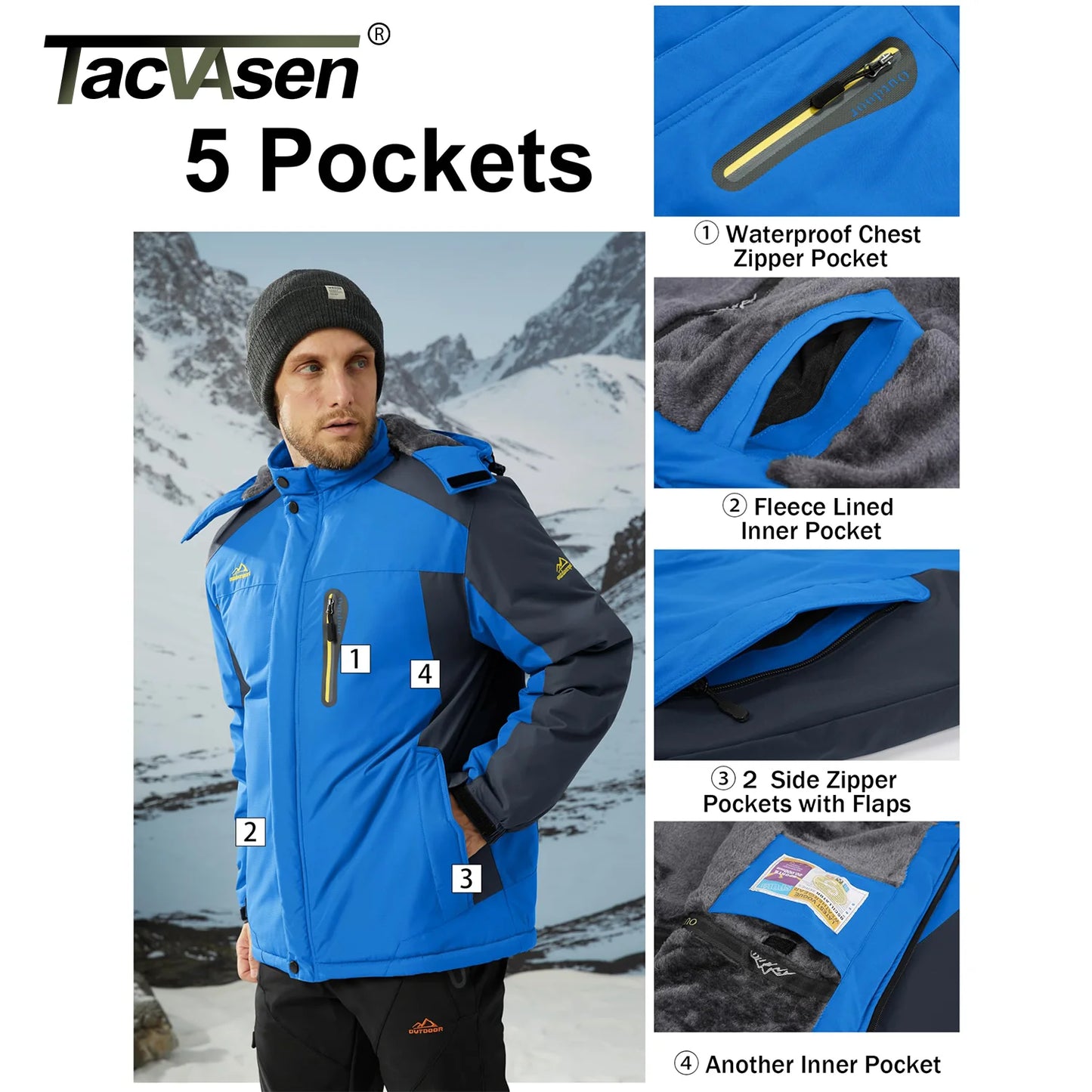 TACVASEN Winter Fleece Lined Parka - Waterproof Windproof Ski Snowboard Jacket with Removable Hood