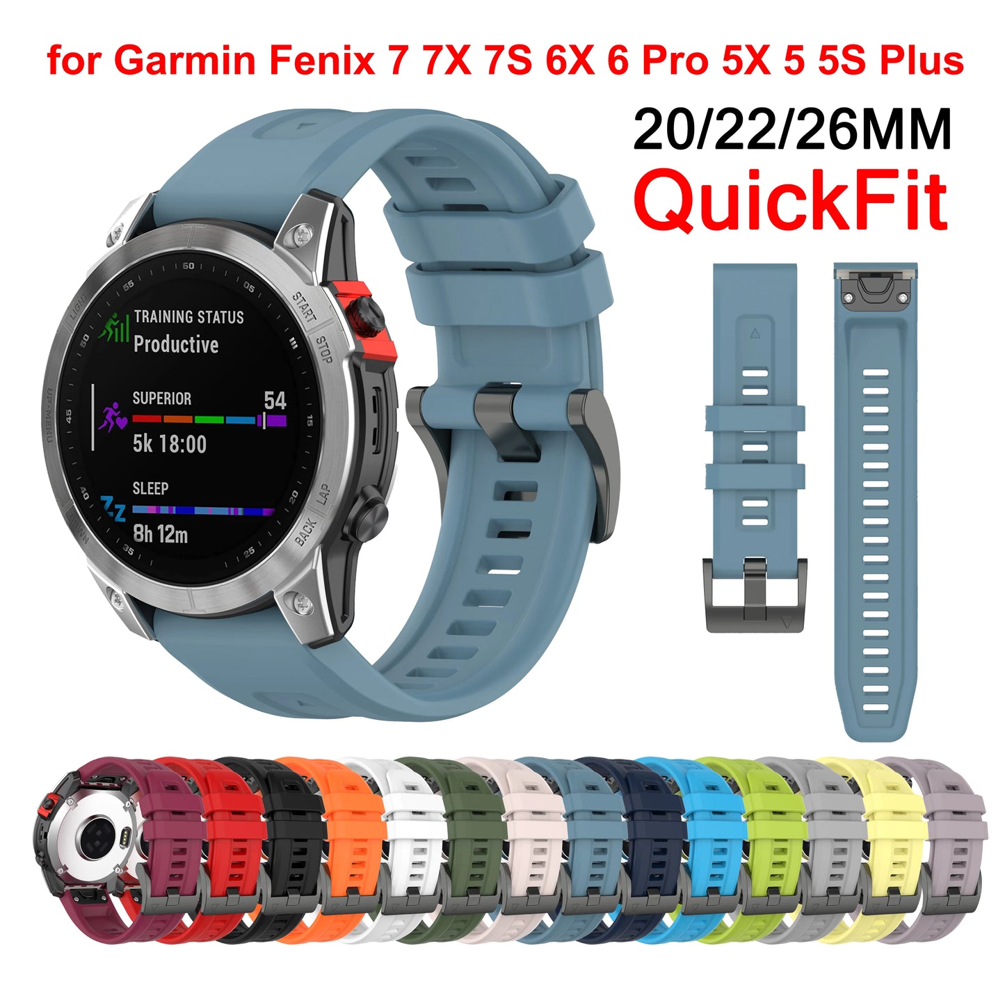 Silicone Watch Strap for Garmin Fenix 7X/7/7S/6/6X/5X/5S/3HR/945/935 – QuickFit 20/22/26mm Wrist Band