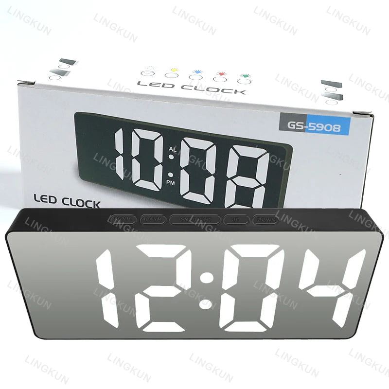 Noiseless LED Mirror Alarm Clock — Large Digital Display Silent Electronic Clock