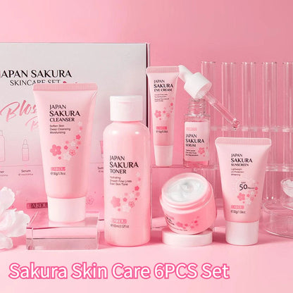 6pcs Sakura Skin Care Set – Face Cream, Serum, Toner, Cleanser, Sunscreen & Eye Cream, Complete Facial Care Gift Box