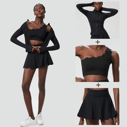 3-Piece Women’s Fitness Yoga Set – Breathable Quick-Dry Gym & Running Sportswear with Tennis Skirt